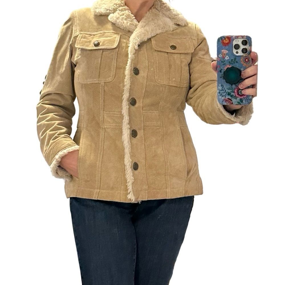 WILSONS LEATHER MAXIMA Tan Suede Jacket Sherpa Collar & Lining Size Small